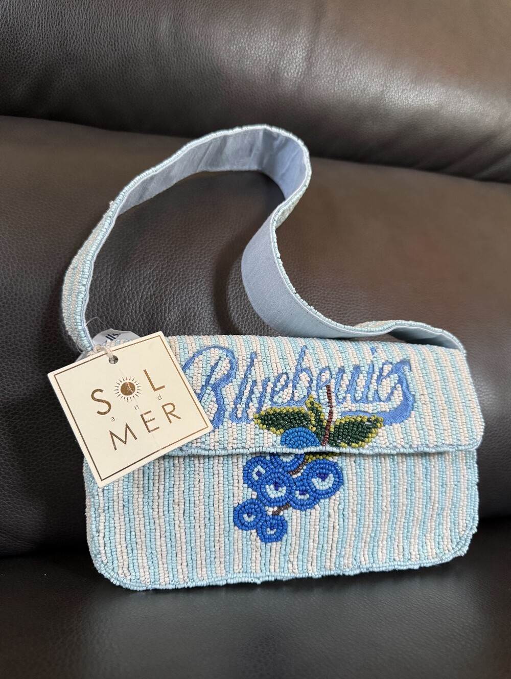 New Sol & Mer Beaded Blueberries Flap Shoulder Bag Striped Hand Beaded In India